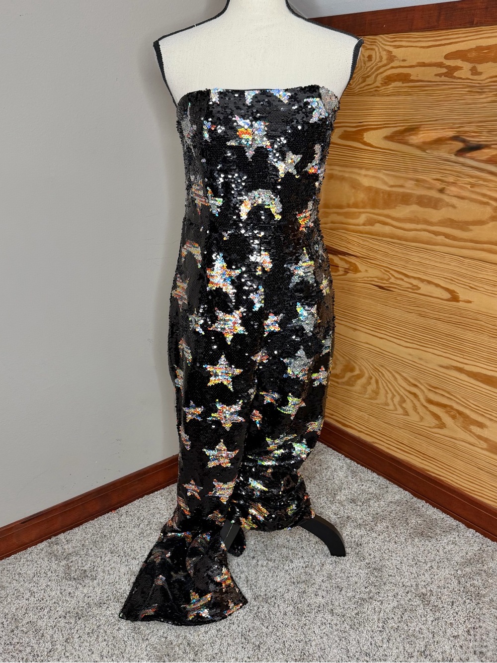 Nasty Gal Premium Star Sequin Jumpsuit Black 10 Strapless Flare Leg Moon - Picture 3 of 13